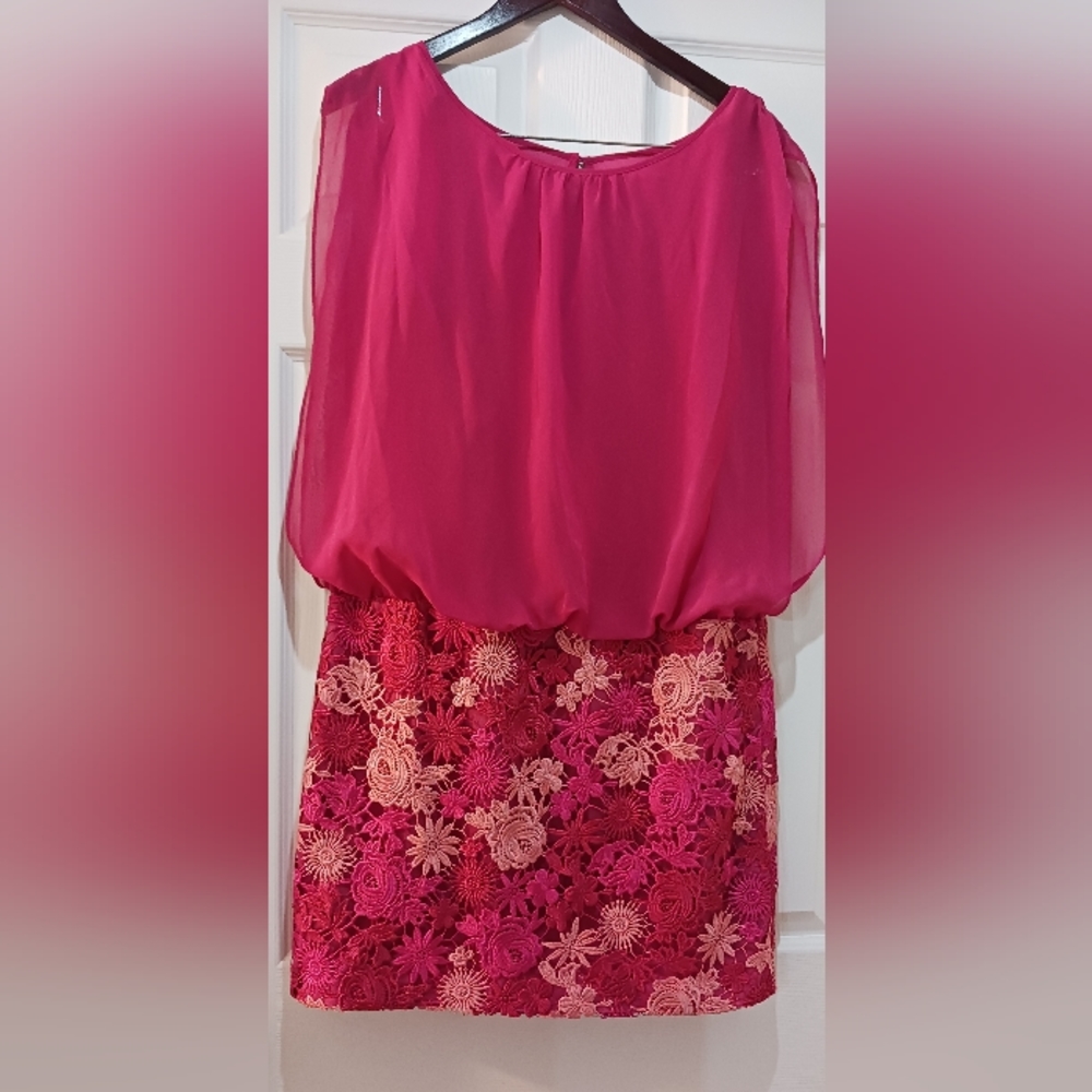 AIDAN MATTOX ~ Fuchsia Chiffon Blouson Crochet Lace Party Dress, size 12